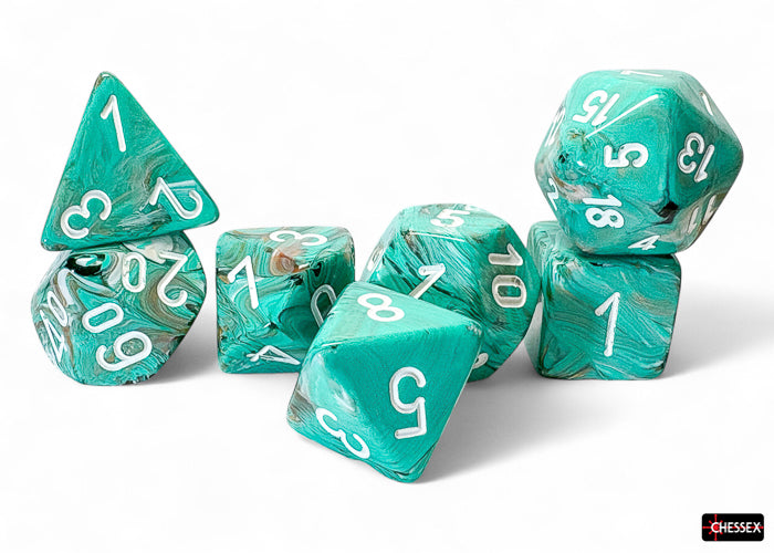 Chessex Mega-Hedral Dice 7-Die Set - Marble Oxi-Copper/white