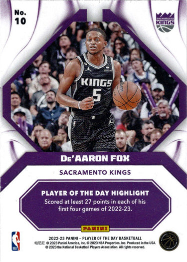 Panini Player of the Day 2022-23 Purple Foil Parallel Card 10 De'Aaron Fox 07/25