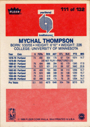 1986-87 Fleer Basketball #111 Mychal Thompson Base Rookie Card