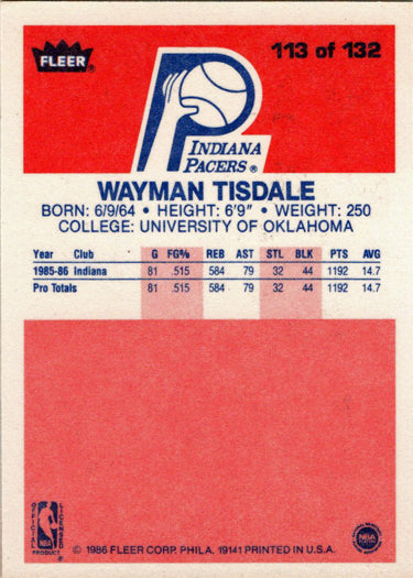 1986-87 Fleer Basketball #113 Wayman Tisdale Base Rookie Card