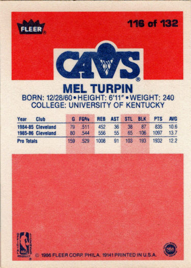 1986-87 Fleer Basketball #116 Melvin Turpin Base Rookie Card