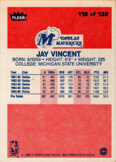 1986-87 Fleer Basketball #118 Jay Vincent Base Rookie Card