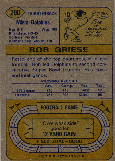 Topps Football 1974 Base Card 200 Bob Griese