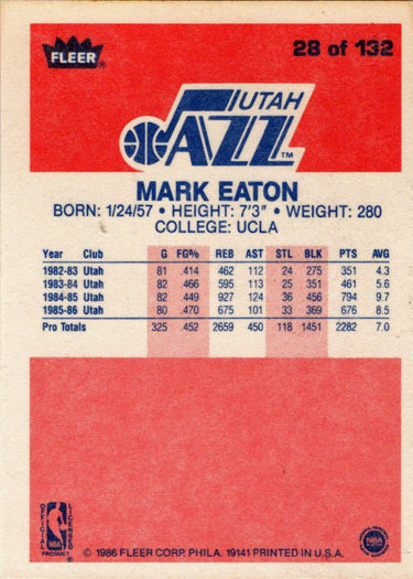1986-87 Fleer Basketball #28 Mark Eaton Base Rookie Card