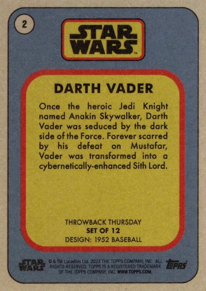 Star Wars Throwback Thursday 2023 Card #2 Darth Vader 1952 Baseball