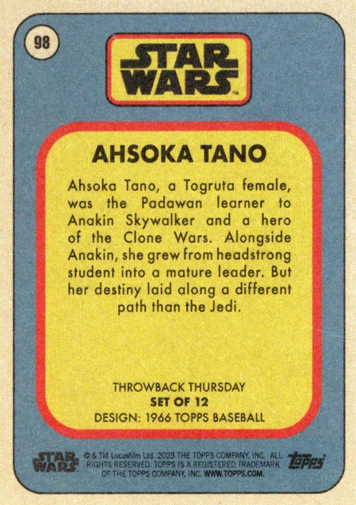Star Wars Throwback Thursday 2023 Card #98 Ahsoka Tano 1966 Topps Baseball
