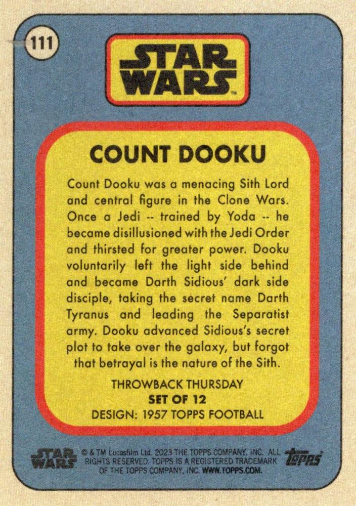 Star Wars Throwback Thursday 2023 Card #111 Count Dooku 1957 Topps Football