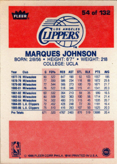 1986-87 Fleer Basketball #54 Marques Johnson Base Rookie Card