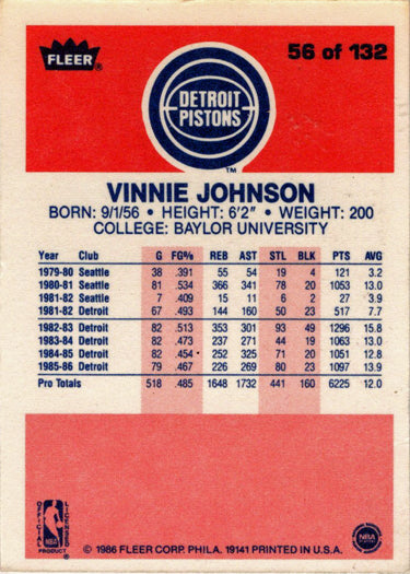 1986-87 Fleer Basketball #56 Vinnie Johnson Base Rookie Card