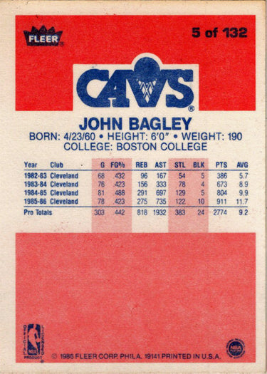 1986-87 Fleer Basketball #5 John Bagley Base Rookie Card