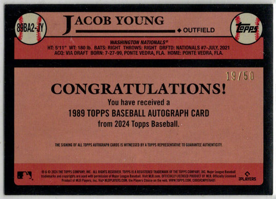 2024 Topps Series 2 Baseball Gold Border Autograph Card 89BA2-JY Jacob Young /50
