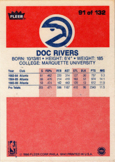 1986-87 Fleer Basketball #91 Glenn "Doc" Rivers Base Rookie Card
