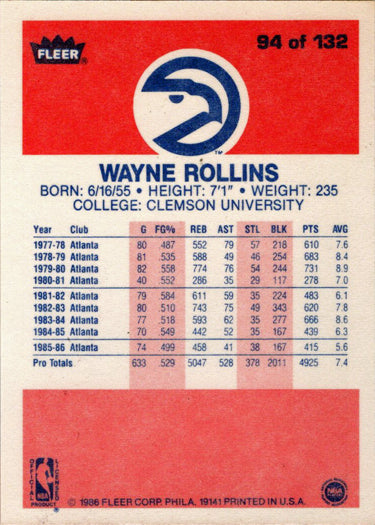 1986-87 Fleer Basketball #94 Wayne "Tree" Rollins Base Rookie Card