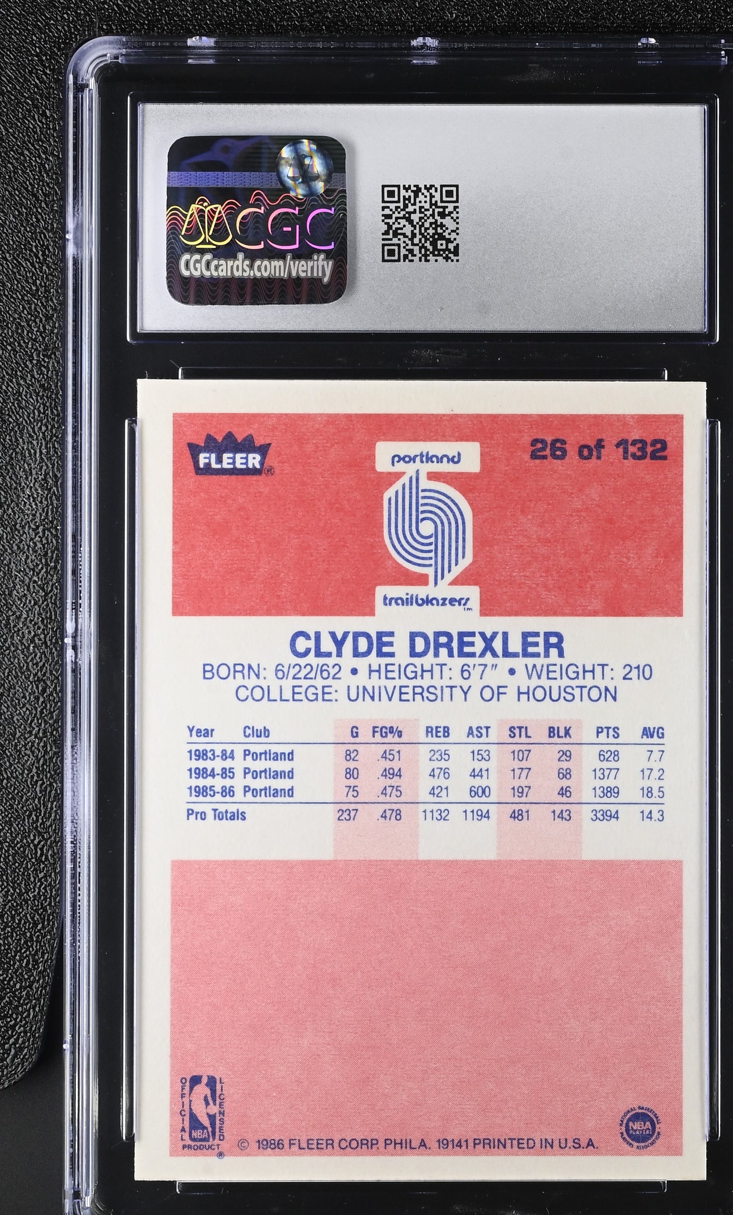 1986-87 Fleer Basketball #26 Clyde Drexler CGC 8 NM/Mint