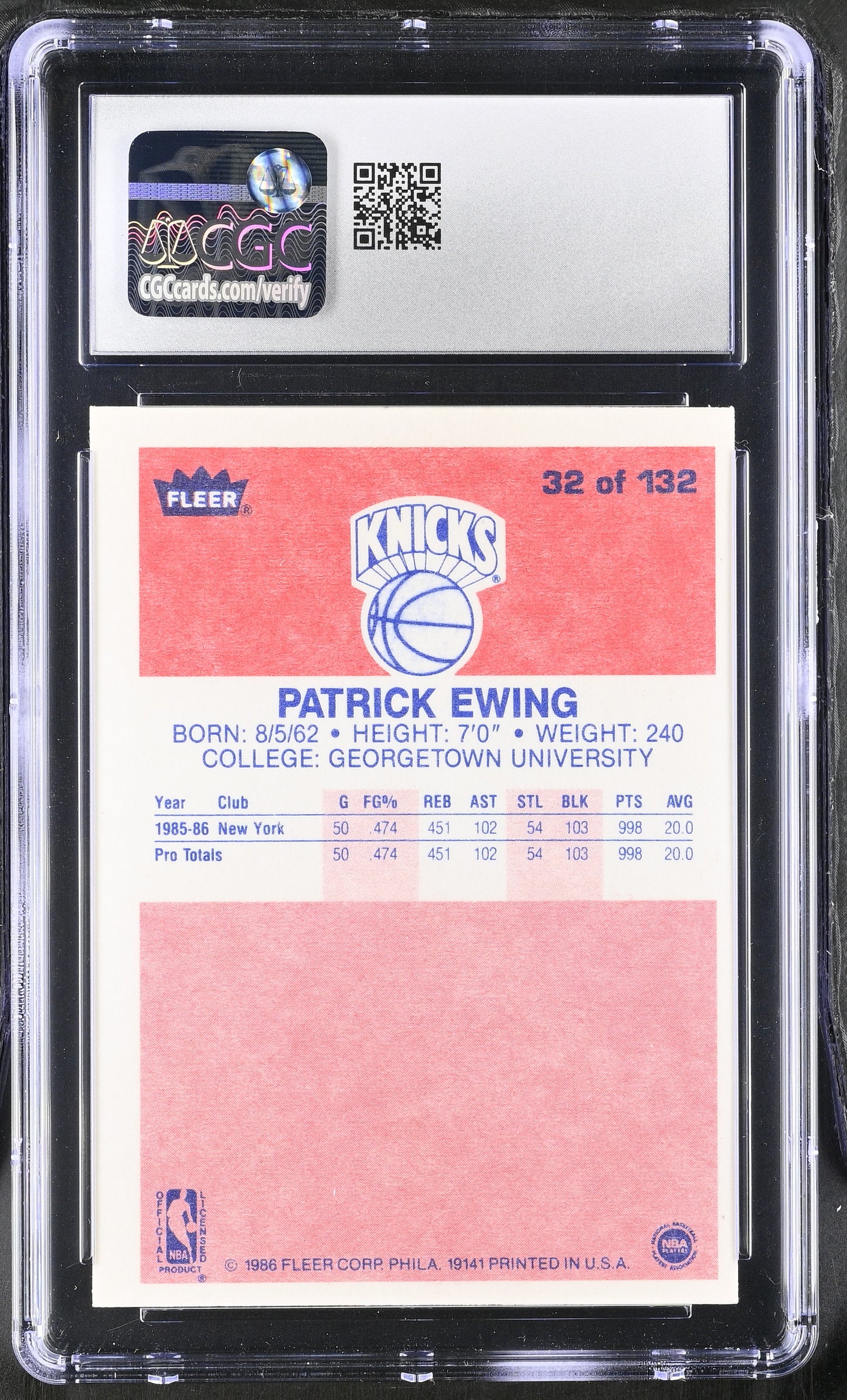 1986-87 Fleer Basketball #32 Patrick Ewing CGC 5 Excellent