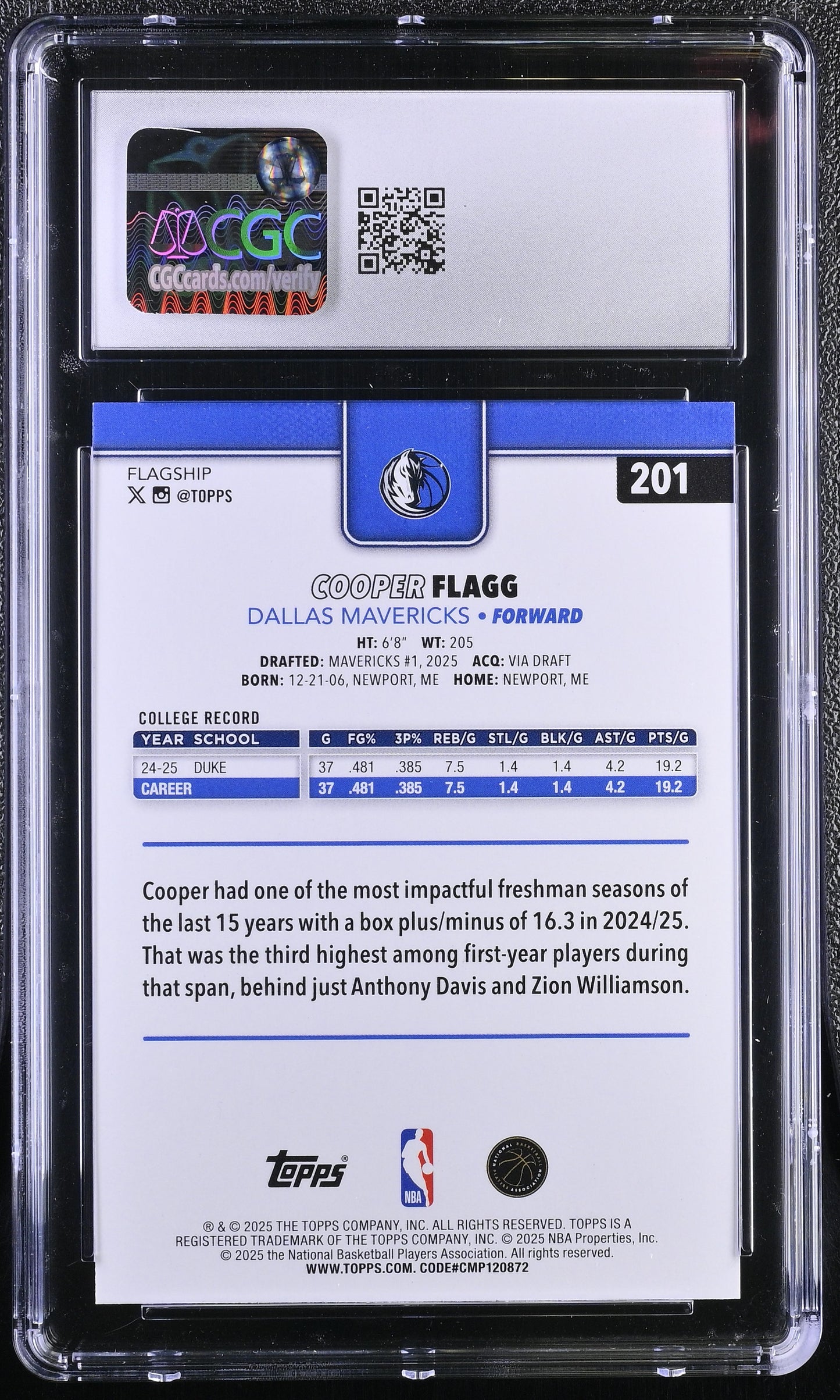 2025-26 Topps Basketball Cooper Flagg #201 CGC 10 Gem Mint RC #17