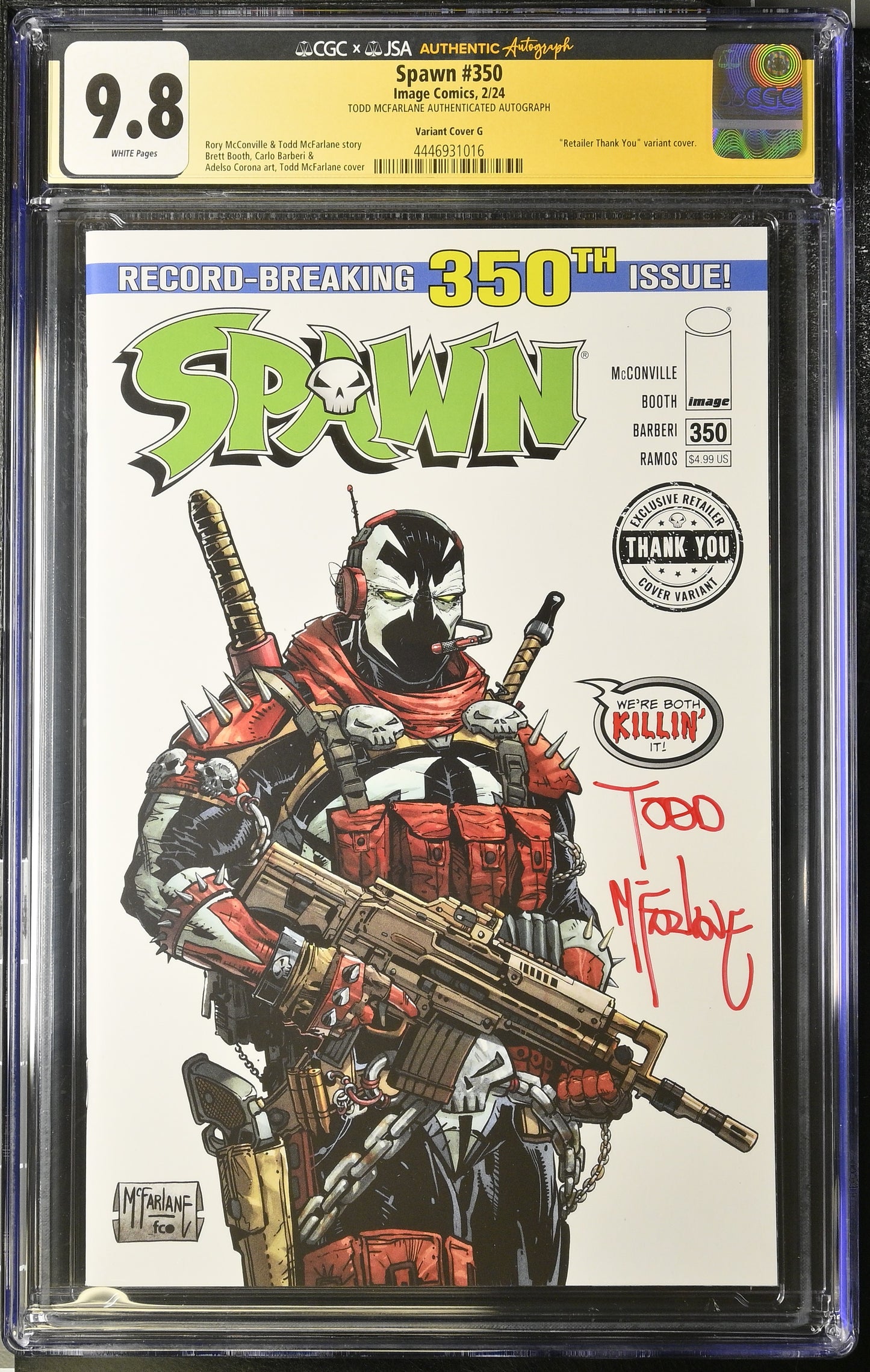 Spawn #350 Thank You Variant graded CGC 9.8 Signed by Todd McFarlane