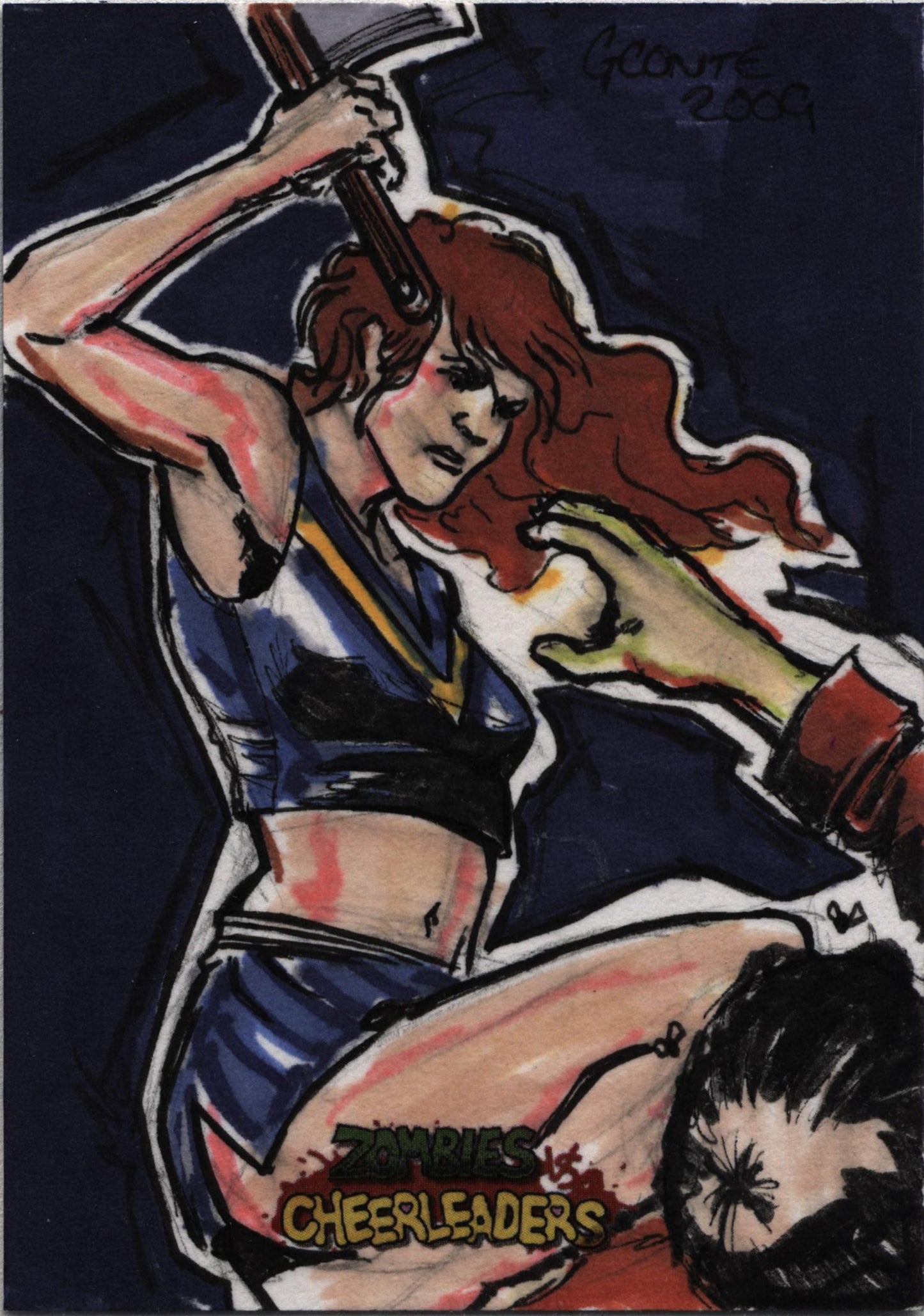 Zombies vs Cheerleaders Sketch Card by Gerard Conte