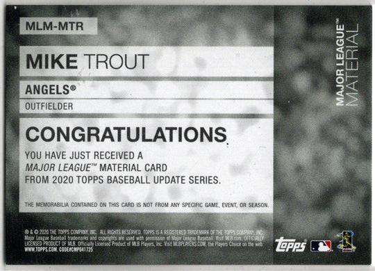 2020 Topps Update Baseball Major League Materials Relic Card MLM-MTR Mike Trout