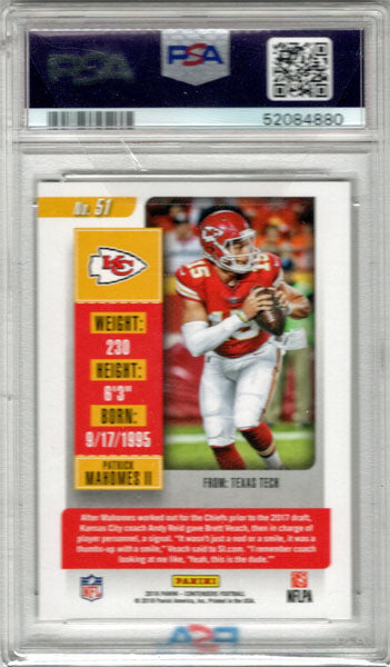 2018 Panini Contenders Graded Base Card 51 Patrick Mahomes II PSA 9