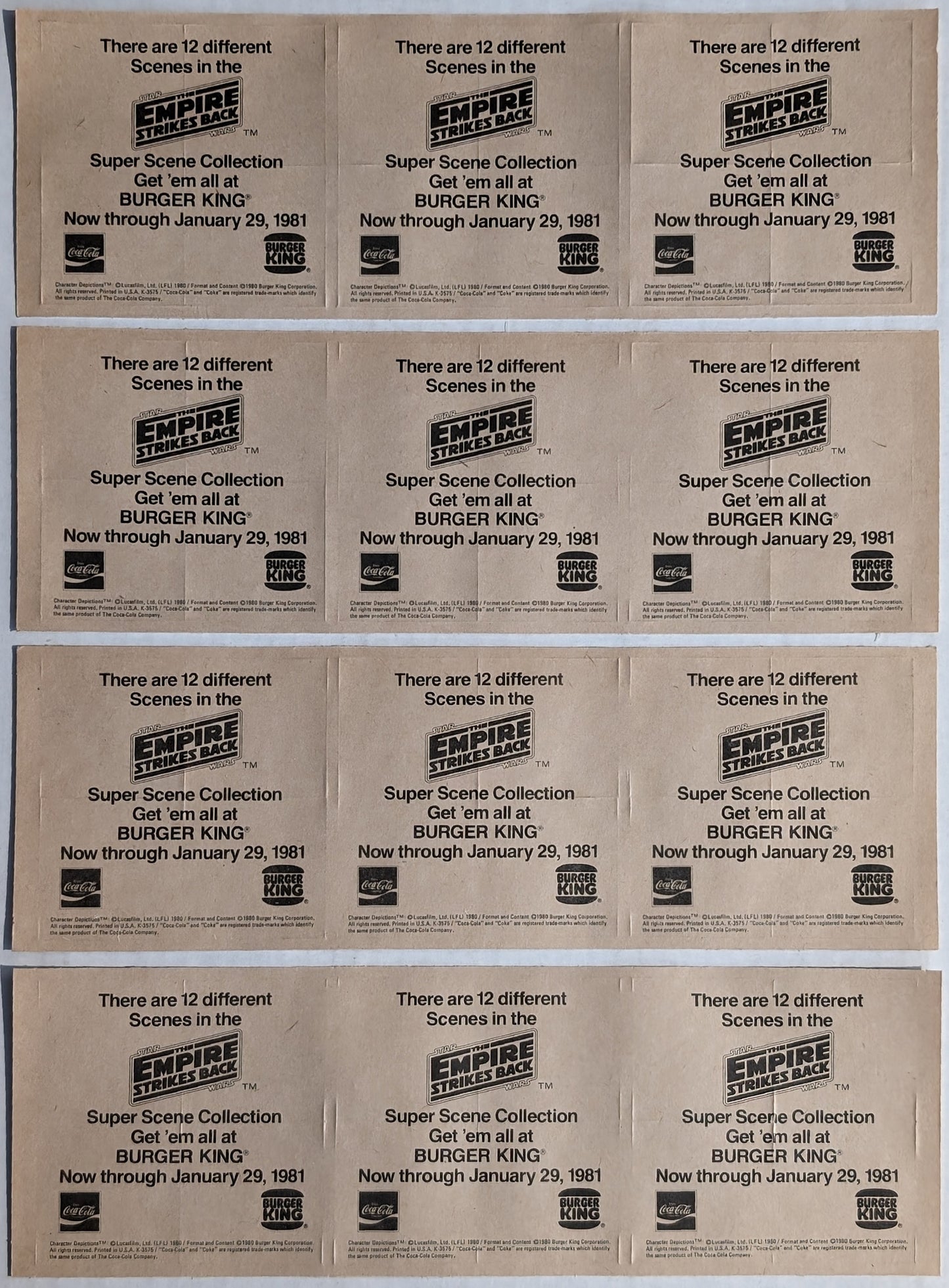 1980 Burger King Star Wars The Empire Strikes Back Super Scene Sticker Set