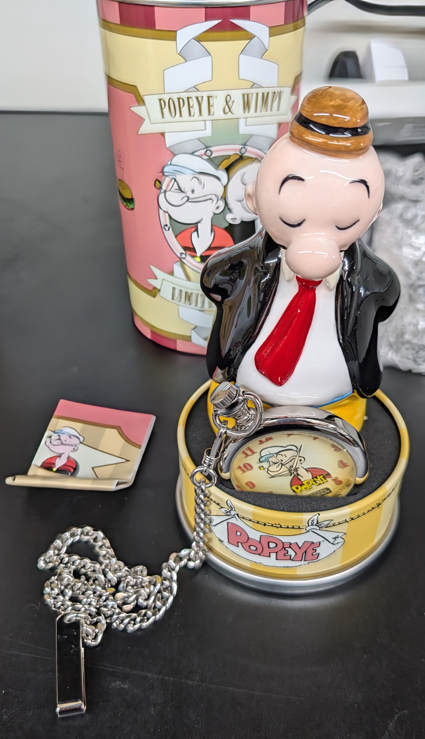 1997 Fossil Popeye & Wimpy Limited Edition Pocket Watch and Figurine