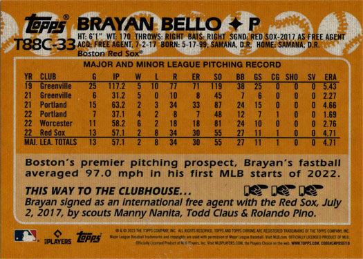 2023 Topps 1988 Blue Parallel RARE! Brayan Bello RC Boston Red Sox #T88-24