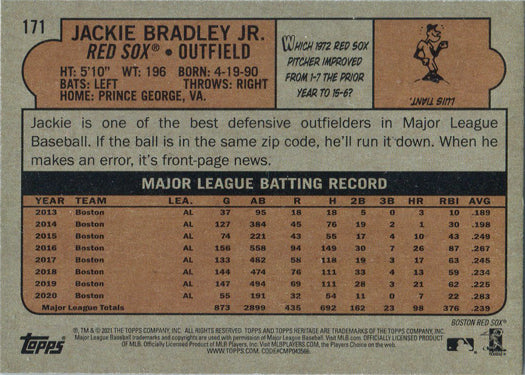 Topps Heritage Baseball 2021 Blue Sparkle Refractor Card 171 Jackie Bradley Jr.