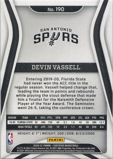 Panini Certified Basketball 2020-21 Base Card 190 Devin Vassell