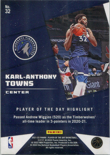Panini Player of the Day 2021-22 Rainbow Parallel Base Card 32 K-A Towns