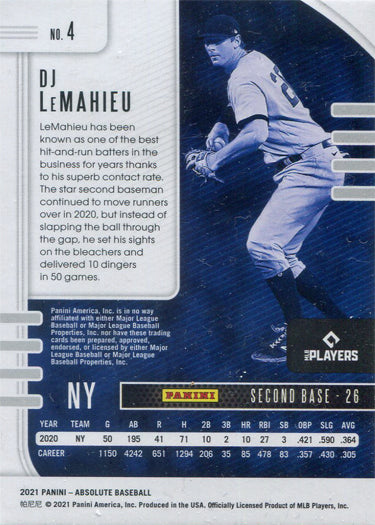 Panini Absolute Baseball 2021 Spectrum Blue Parallel Card 4 DJ LeMahieu /149