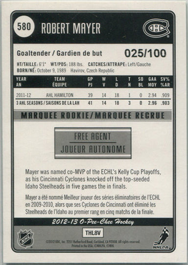 O-Pee-Chee Hockey 2012-13 Rainbow Foil Parallel Card 580 Robert Mayer 025/100