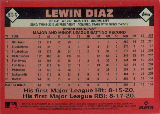 Topps Series Two Baseball 2021 Chrome Silver Card 86TC-72 Lewin Diaz