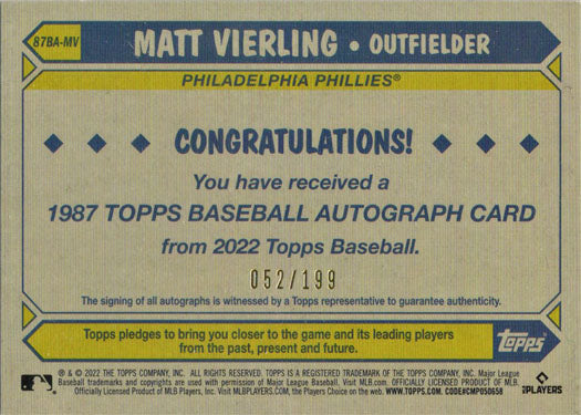 Topps Series Two Baseball 2022 1987 Design Black Border Autograph Card  87BA-MV Matt Vierling 052/199