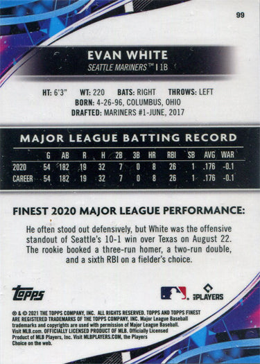 Topps Finest Baseball 2021 Aqua Blue Refractor Card 99 Evan White 081/