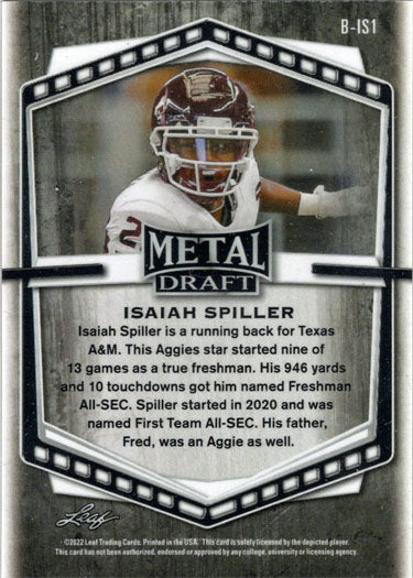 Leaf Metal Draft Football 2022 Orange Wave Parallel Card B-IS1 Isaiah Spiller