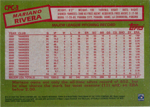 Topps Update Baseball 2020 Chrome Silver Card CPC-3 Mariano Rivera