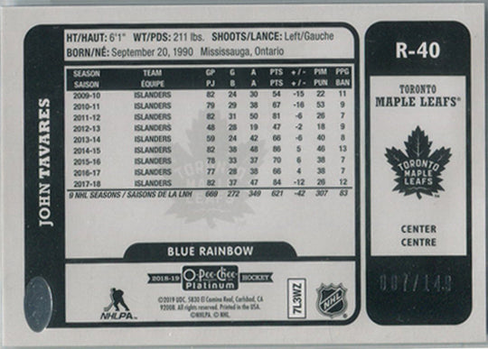 O-Pee-Chee Platinum Hockey 2018-19 Blue Rainbow Card R-40 John Tavares 007/149