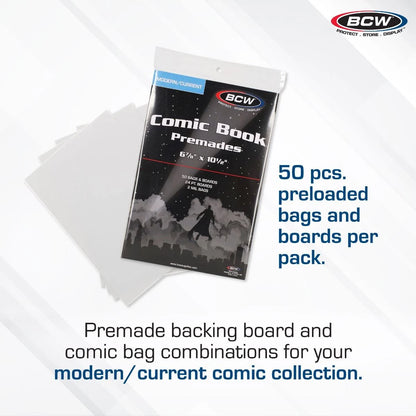BCW Premade® Resealable Current Comic Bag and Board - 50 Ct Pack