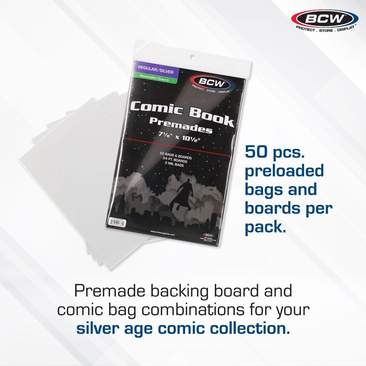 BCW Premade® Resealable Silver Comic Bag and Board - 50 Ct Pack