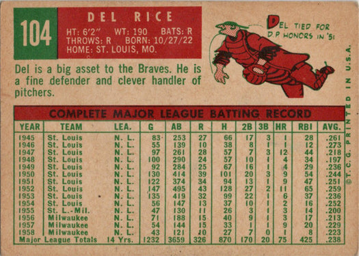 Topps Baseball 1959 Base Card 104 Del Rice