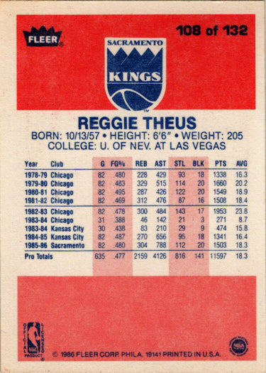 1986-87 Fleer Basketball #108 Reggie Theus Base Rookie Card
