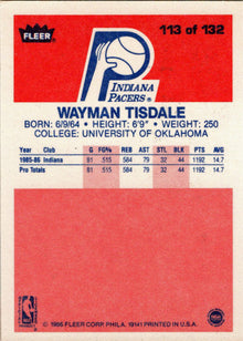 1986-87 Fleer Basketball #113 Wayman Tisdale Base Rookie Card