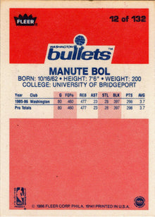 1986-87 Fleer Basketball #12 Manute Bol Base Rookie Card