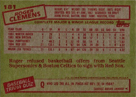 Topps Baseball 1985 Base Card 181 Roger Clemens