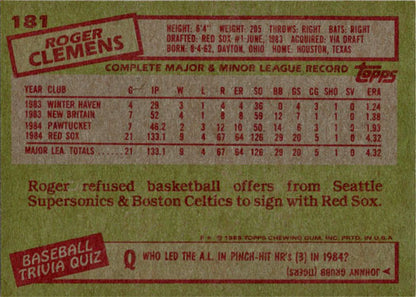 Topps Baseball 1985 Base Card 181 Roger Clemens
