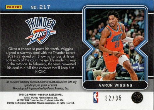 Panini Obsidian Basketball 2021-22 Autograph Relic Card 217 Aaron Wiggins 32/35