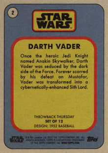 Star Wars Throwback Thursday 2023 Card #2 Darth Vader 1952 Baseball