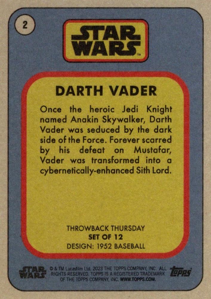 Star Wars Throwback Thursday 2023 Card #2 Darth Vader 1952 Baseball