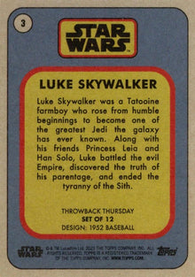 Star Wars Throwback Thursday 2023 Card #3 Luke Skywalker 1952 Baseball
